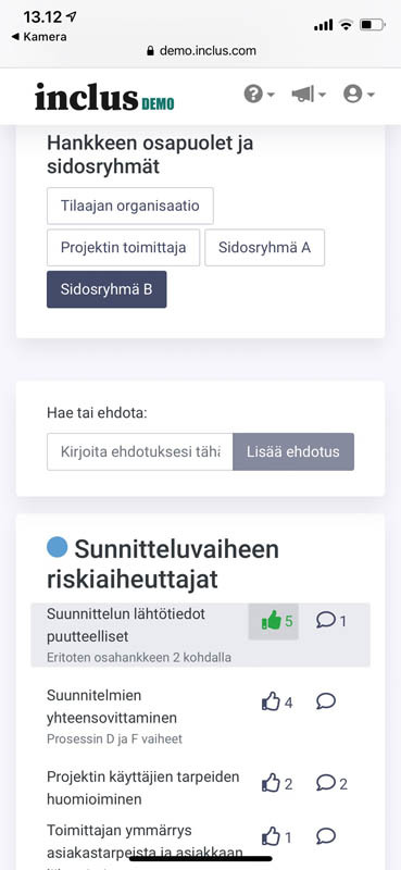 Esimerkki Inclus-ohjelmiston identifiointisessiosta kännykän ruudulla